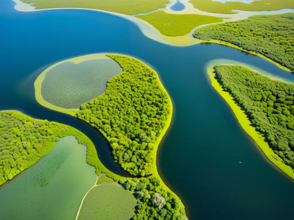 Vista aérea de un exuberante humedal, destacando su ecosistema vibrante y la importancia de la conservación de humedales y derechos humanos