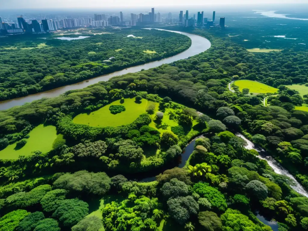 Vista aérea del exuberante Parque Yasuní con ríos serpenteantes, flora y fauna vibrante