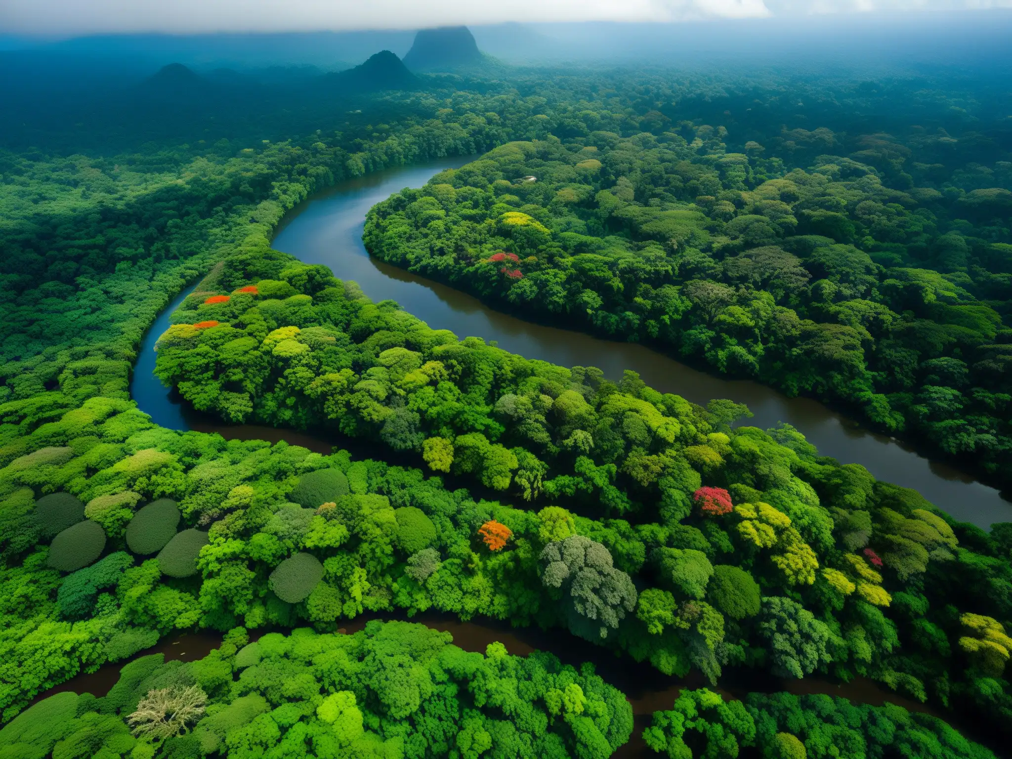 Vista aérea del exuberante Parque Yasuní, con el río Napo serpenteando entre la densa selva, en medio del conflicto Parque Yasuní derechos indígenas