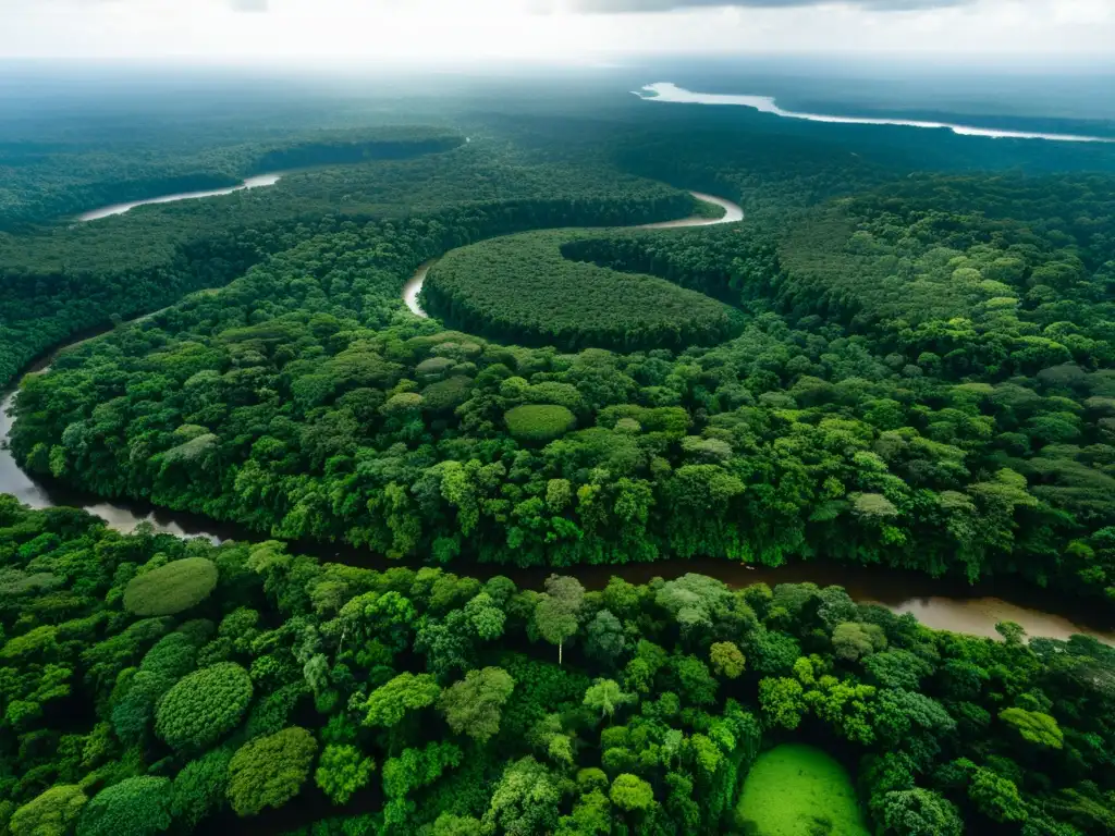 Vista aérea de la exuberante selva amazónica en Ecuador, con un río serpenteante y una rica biodiversidad