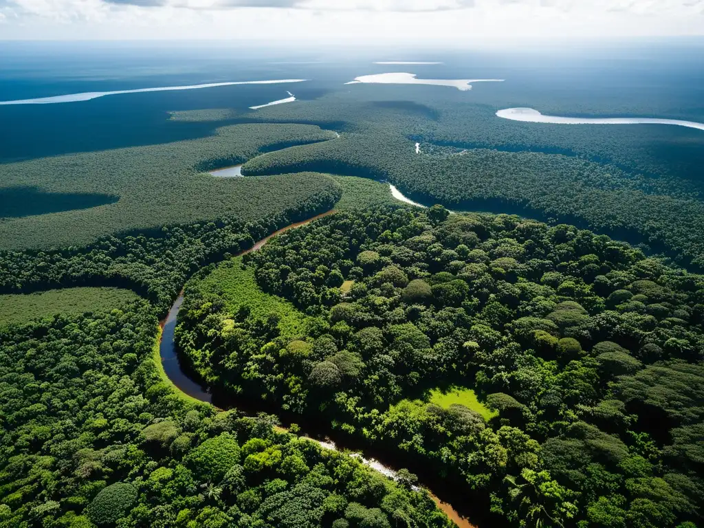 Vista aérea de la exuberante selva del TIPNIS en Bolivia, con ríos serpenteando y comunidades indígenas