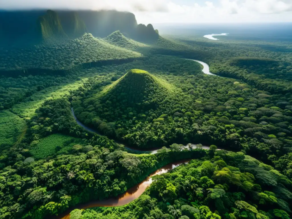 Vista aérea de exuberante selva con río serpenteante, comunidad indígena y relación histórica pueblos indígenas tierras