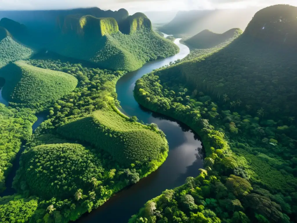 Vista aérea de exuberante selva con río serpenteante, resaltando la belleza natural y la conexión con comunidades indígenas