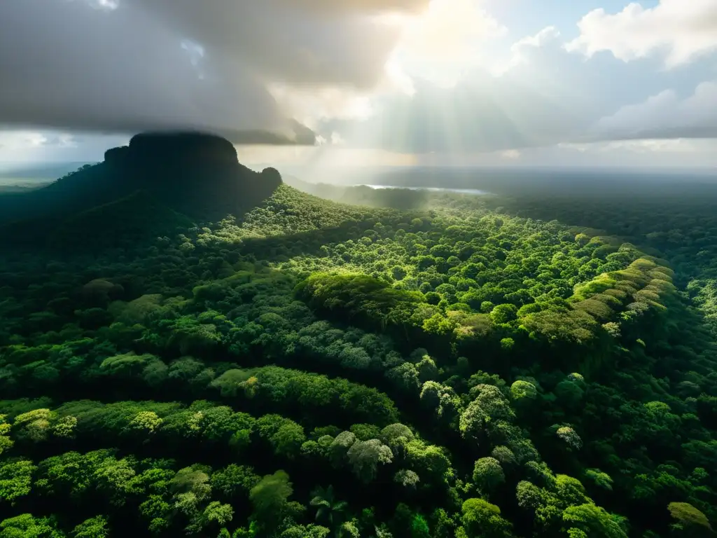 Vista aérea de exuberante selva con luz solar entre el dosel, destacando su biodiversidad