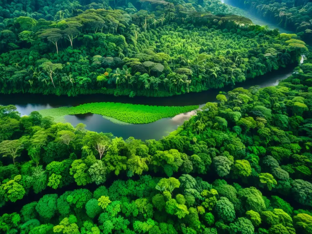 Vista aérea de exuberante selva tropical con luz solar filtrándose entre el dosel, creando patrones de luz y sombra en el suelo