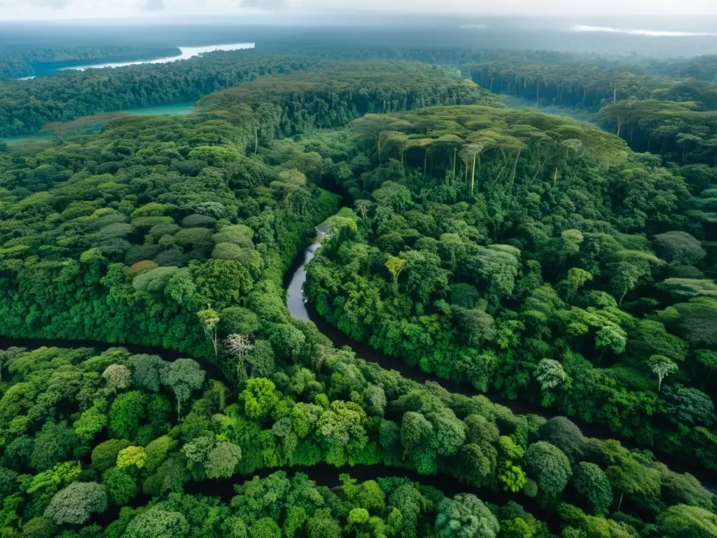 Vista aérea de exuberante selva con río serpenteante y comunidades indígenas, mostrando impacto globalización derechos territoriales indígenas