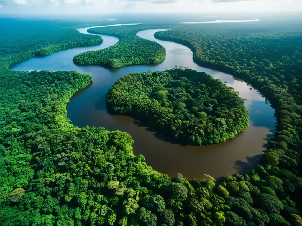 Amazonía: Belleza Vulnerable y Urgencia de Protección Vista aérea de la exuberante selva amazónica, con ríos serpenteantes y vida silvestre
