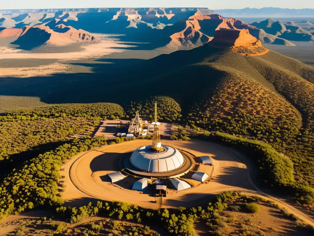 Vista aérea de Oak Flat, tierra sagrada Apache en primer plano y operaciones mineras en conflicto en segundo plano