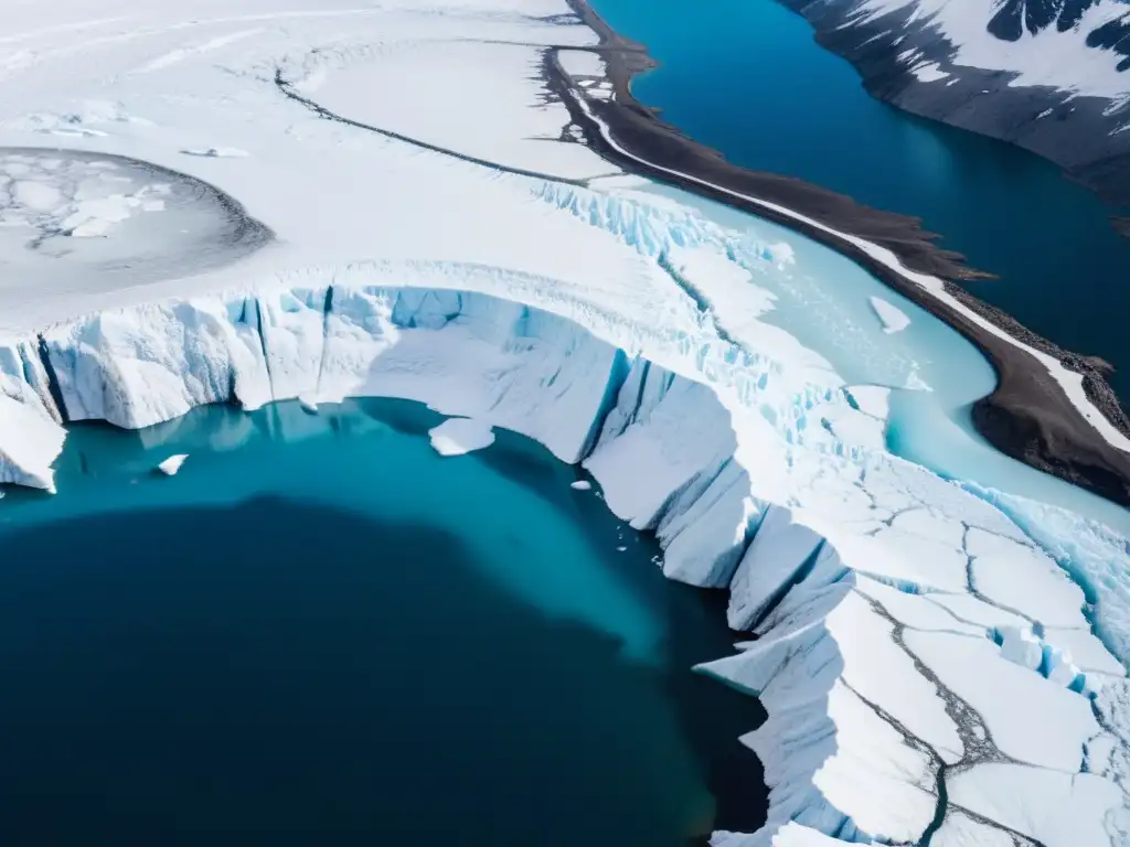 Vista aérea de un glaciar derritiéndose, muestra el impacto del cambio climático con detalles vívidos