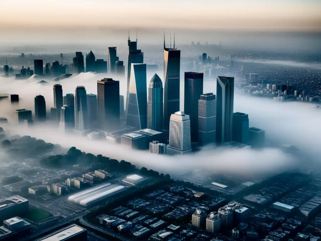 Vista aérea impactante de una ciudad envuelta en smog, mostrando el contraste entre el paisaje urbano y la contaminación