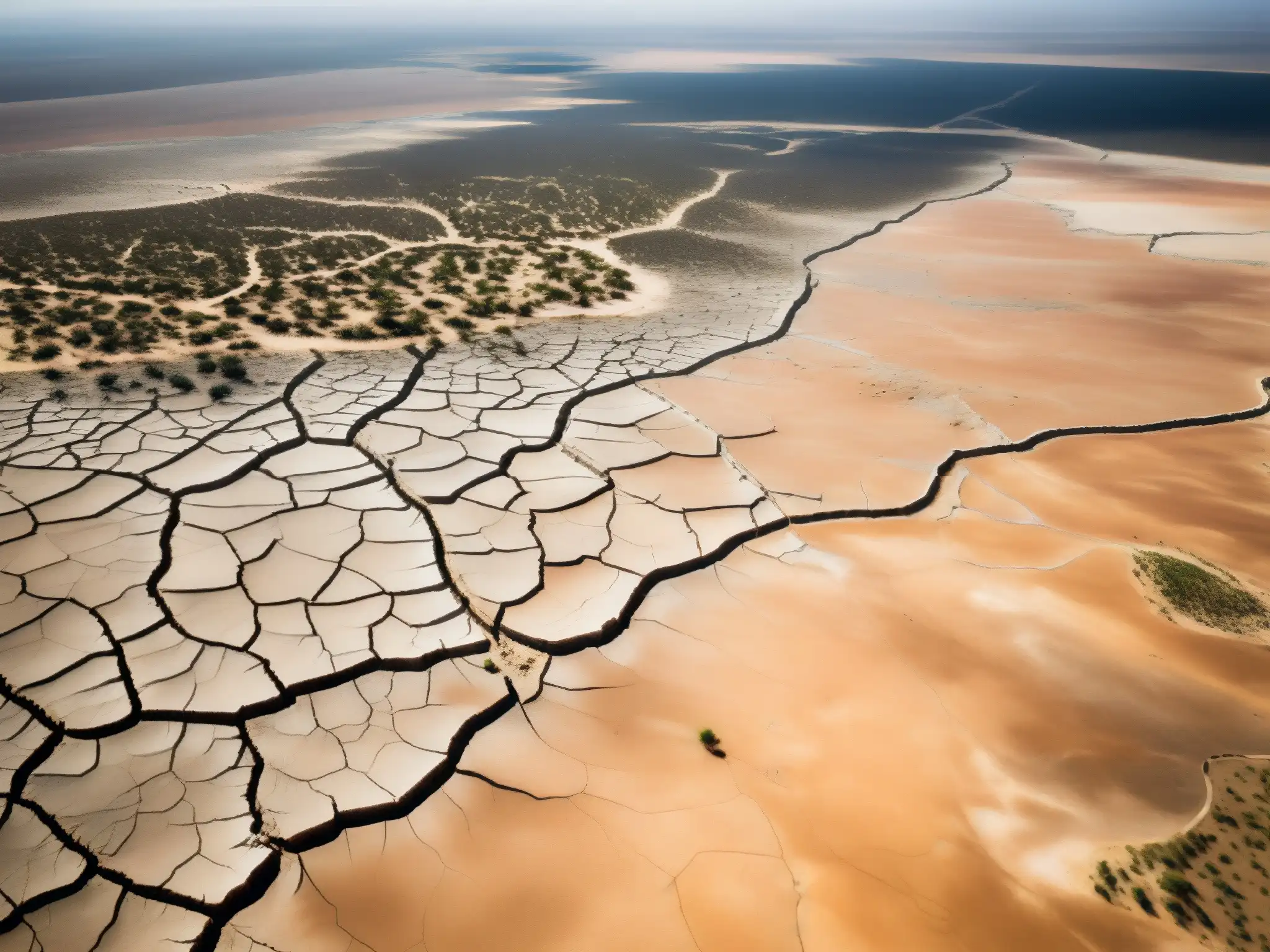 Vista aérea impactante de un paisaje árido con tierra agrietada, reflejando la escasez hídrica, la crisis ambiental y los derechos humanos