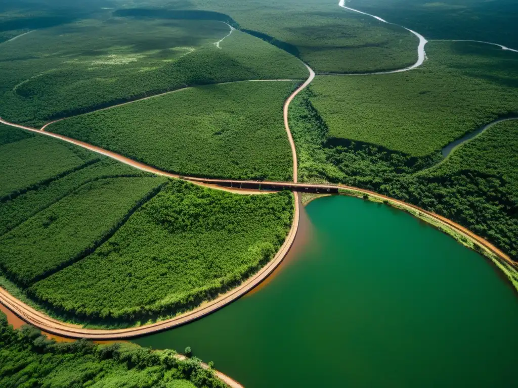 Vista aérea del impacto del Arco Minero del Orinoco en la exuberante y vasta naturaleza de Venezuela, con ríos, bosques y operaciones mineras