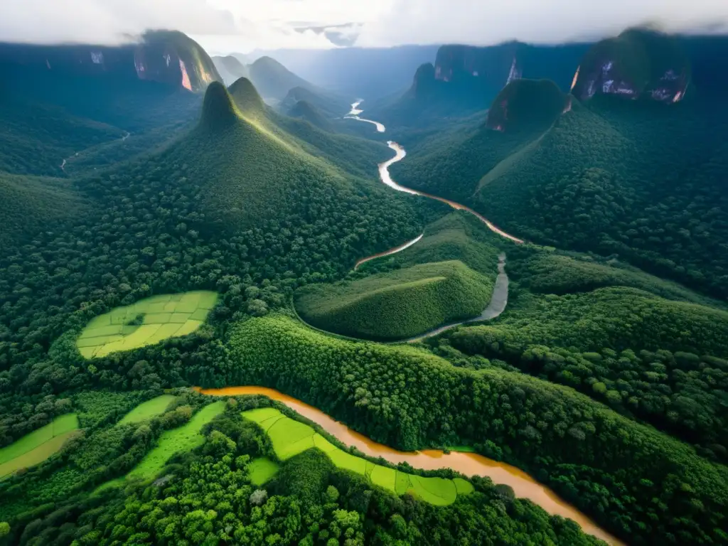 Vista aérea impresionante de la consolidación de territorios indígenas en Brasil, con ríos, vegetación exuberante y viviendas tradicionales