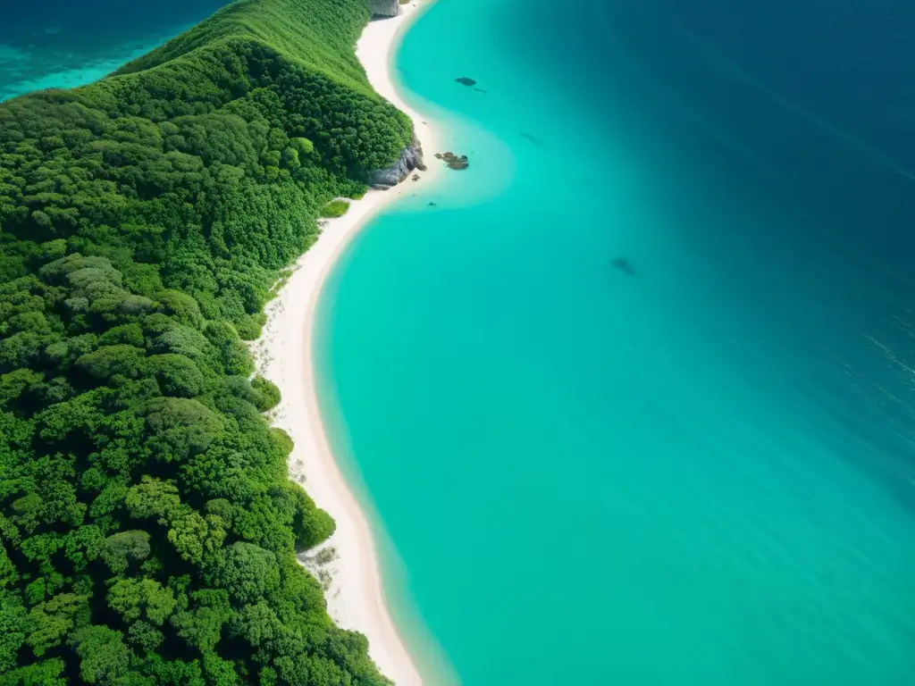 Vista aérea impresionante de una costa prístina, con aguas turquesas, playas de arena blanca y exuberante vegetación