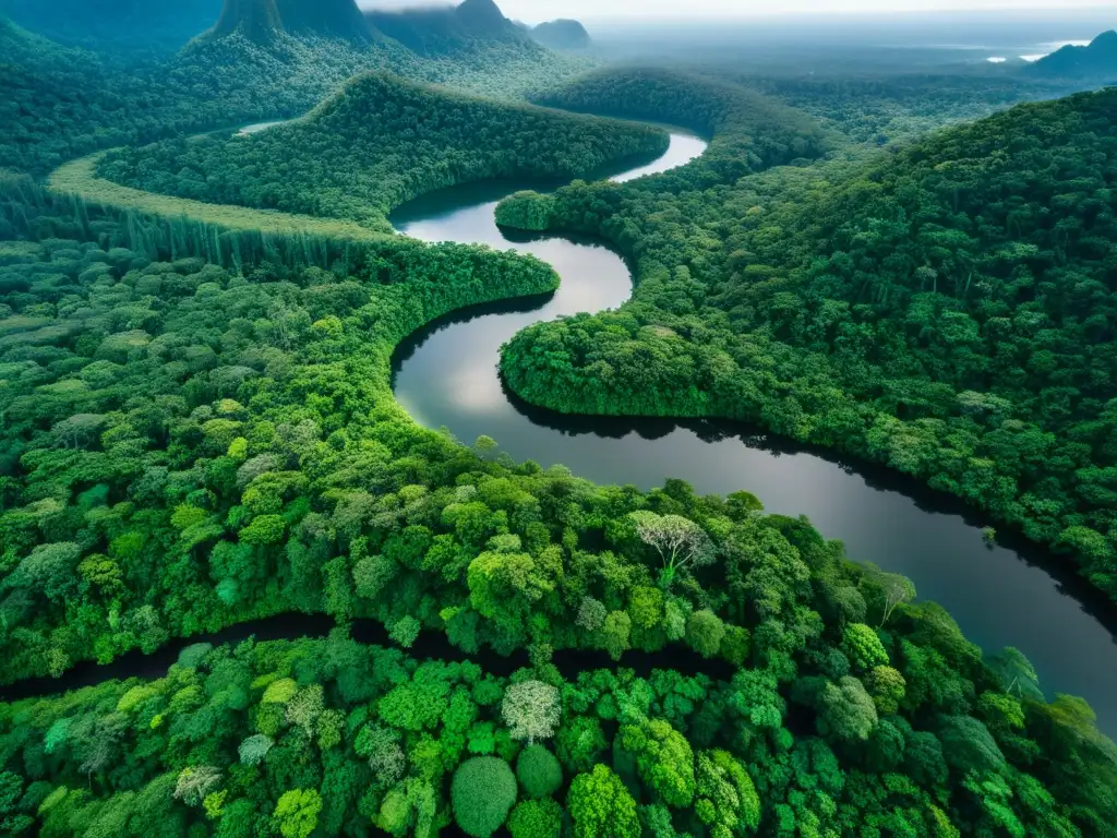 Vista aérea impresionante de un extenso bosque lluvioso con un río serpenteante y asentamientos indígenas, mostrando la intersección entre el activismo ambiental y los derechos humanos indígenas