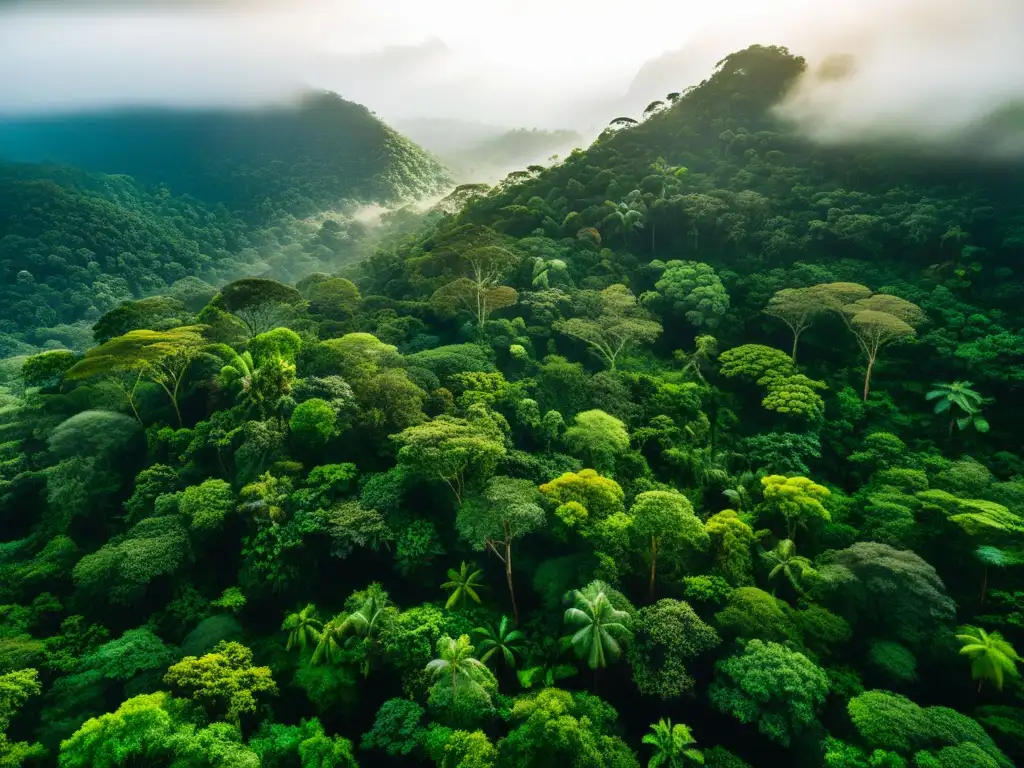 Vista aérea impresionante de un exuberante bosque tropical, reflejando la interconexión de ecosistemas y la belleza de la naturaleza