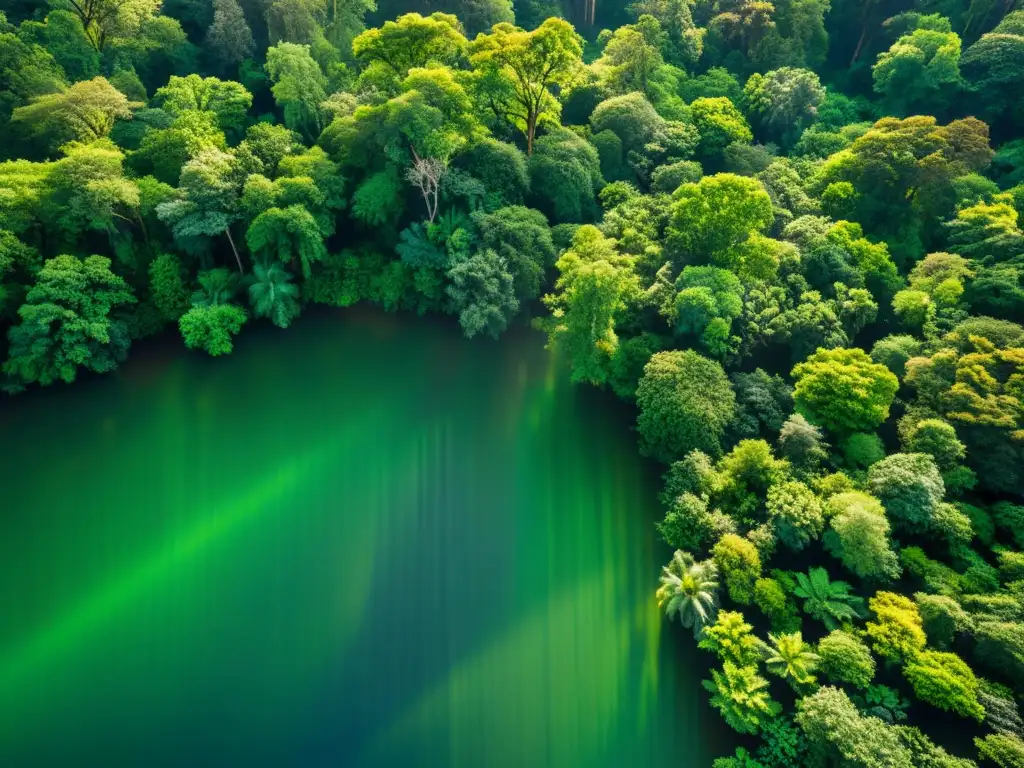 Vista aérea impresionante de un exuberante bosque verde, con rayos de sol filtrándose a través del dosel