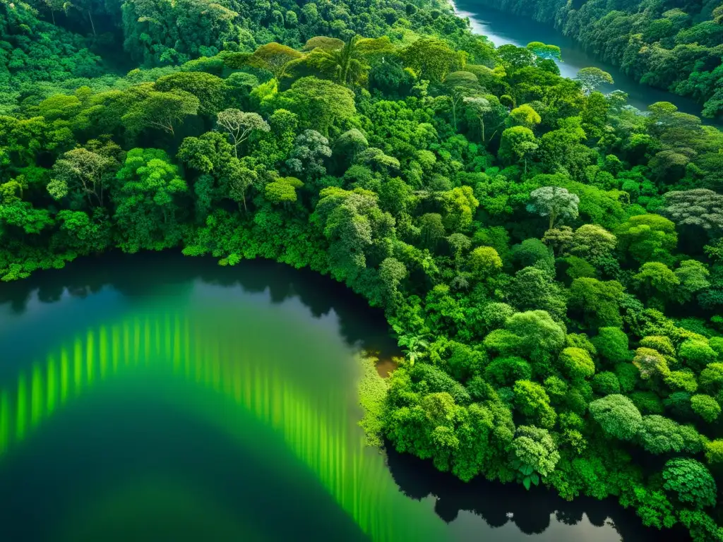 Vista aérea impresionante de un exuberante bosque lluvioso, con luz solar filtrándose a través del dosel y creando un juego hipnotizante de luces y sombras en el suelo del bosque