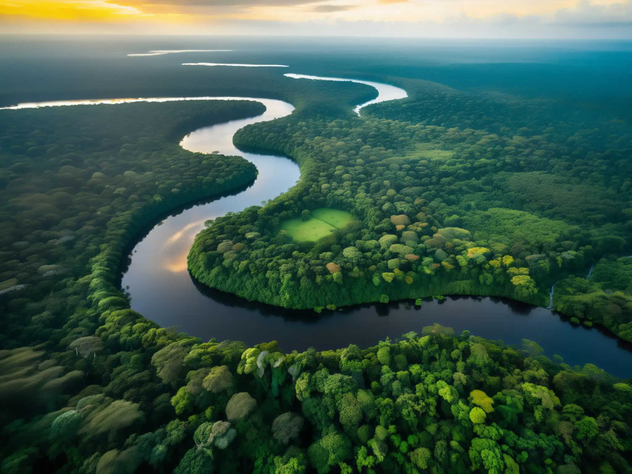 Esplendor verde: Amazonía, ríos y biodiversidad Vista aérea impresionante de la exuberante Amazonía, destacando su biodiversidad y la importancia de la defensa de la Amazonia y derechos humanos