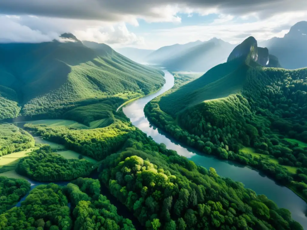 Vista aérea impresionante de paisaje exuberante, río cristalino, montañas cubiertas de niebla y una relación histórica pueblos indígenas tierras