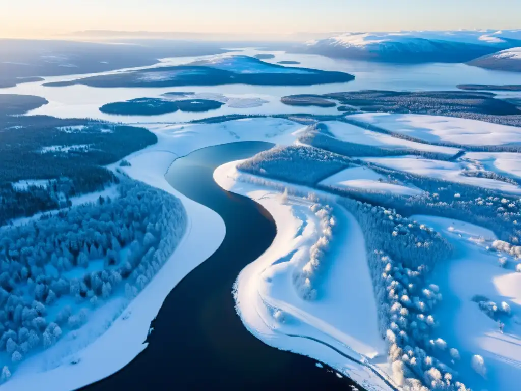 Vista aérea impresionante de los paisajes nevados y prístinos del territorio indígena Sami en Escandinavia