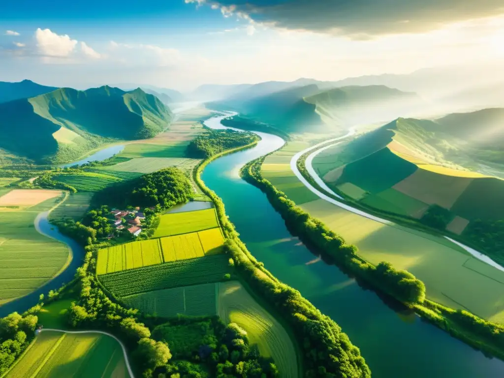 Vista aérea impresionante de río serpenteando entre paisaje verde, reflejando luz solar