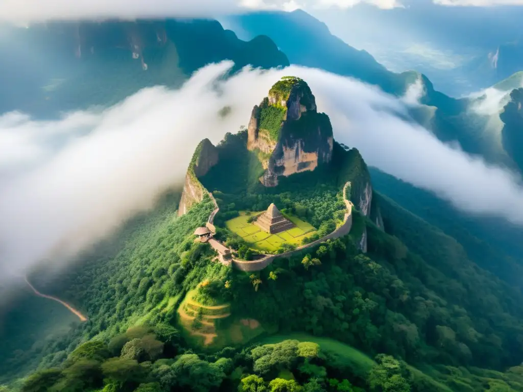 Vista aérea impresionante de montaña sagrada envuelta en niebla, con ruinas antiguas y símbolos religiosos