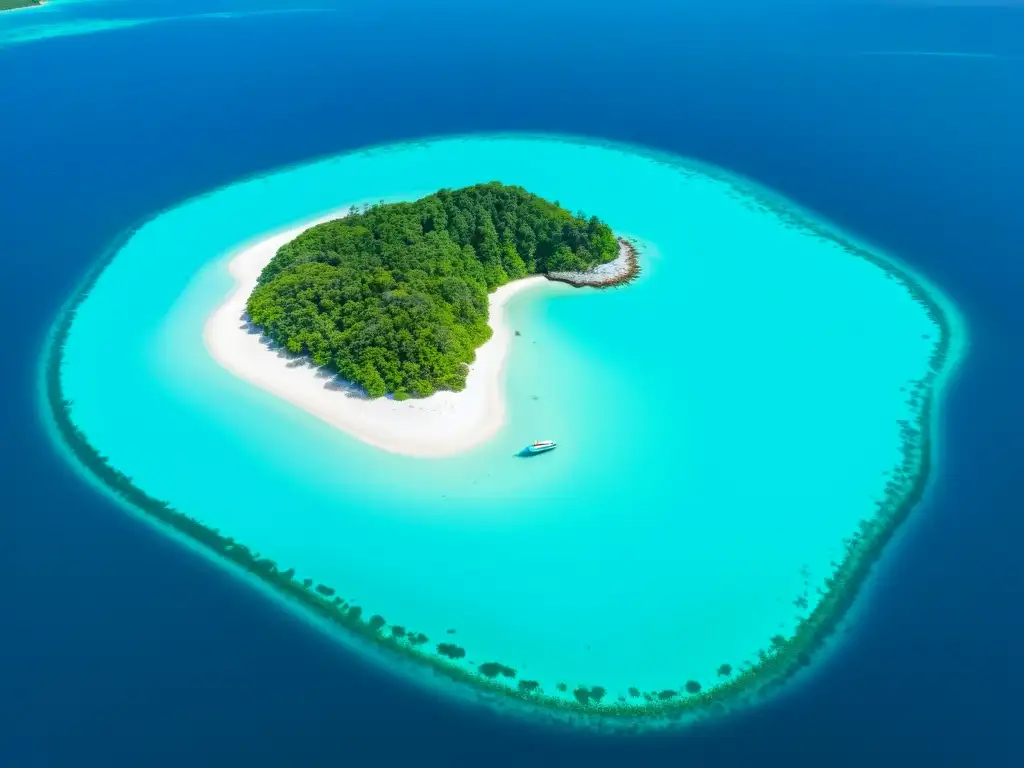 Vista aérea de isla rodeada por aguas turquesa, playas de arena blanca, arrecifes de coral y exuberante vegetación