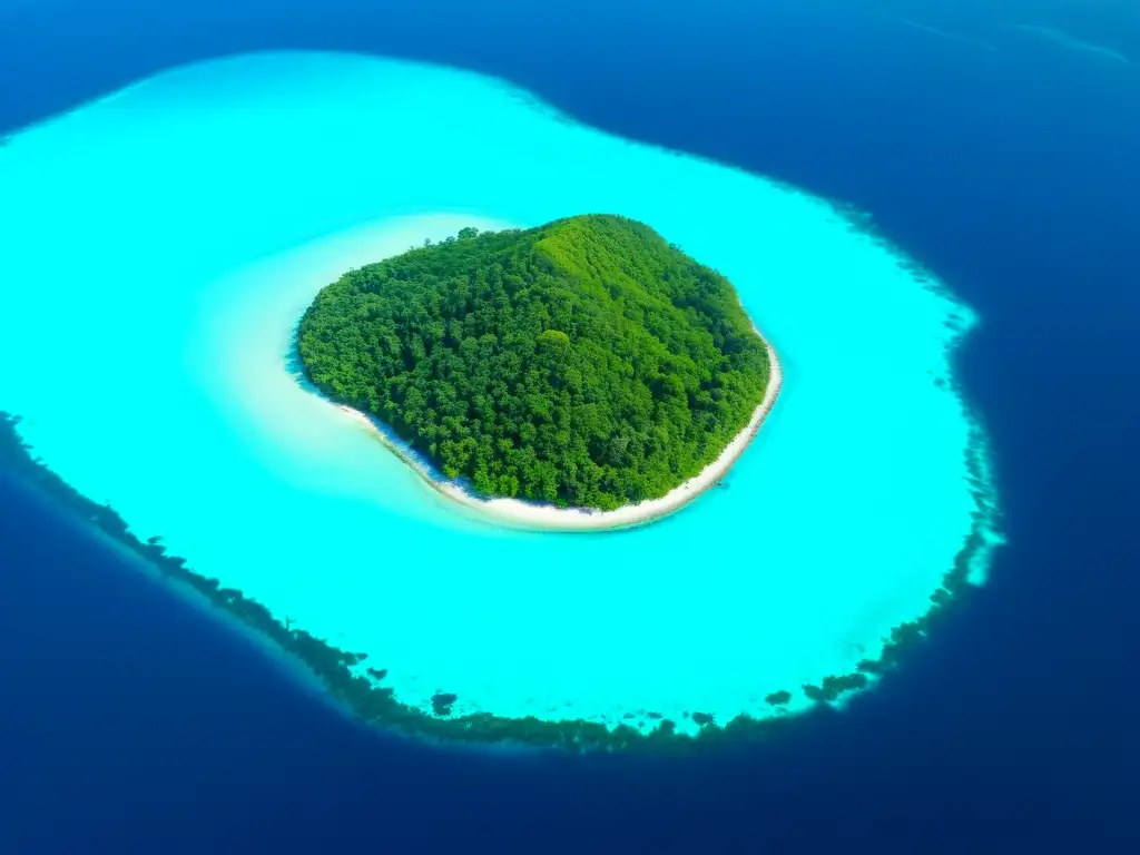 Vista aérea de una isla rodeada de aguas turquesas cristalinas, exhibiendo arrecifes de coral e vida marina