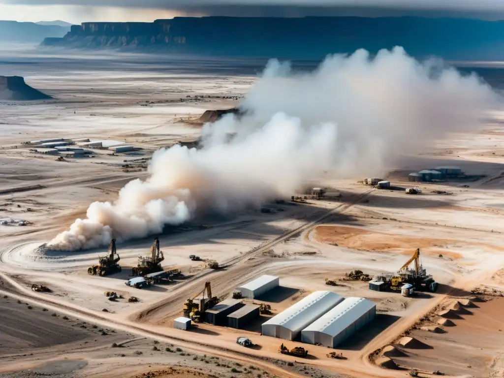 Vista aérea de la extracción de litio y su impacto social en un paisaje árido con maquinaria pesada y comunidades locales