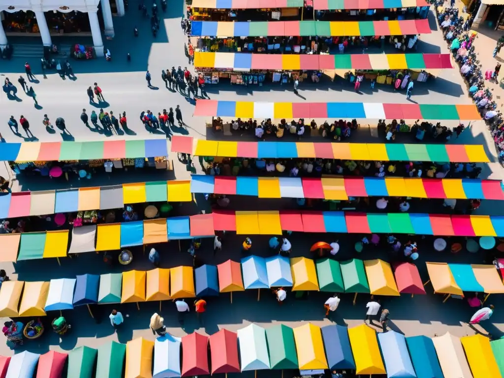 Vista aérea de un mercado urbano bullicioso, con puestos coloridos y gente diversa participando en actividades económicas