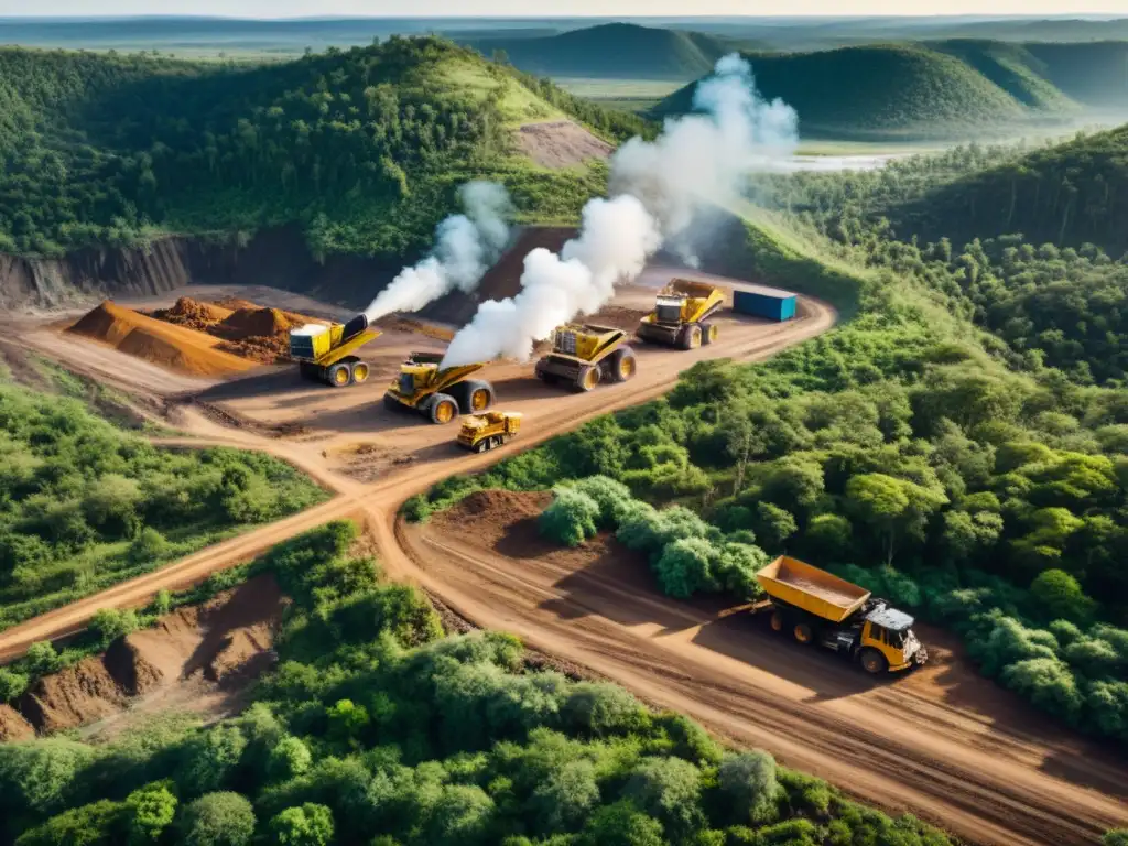 Vista aérea de la minería en medio de bosques, con maquinaria pesada y camiones operando en contraste con la belleza natural