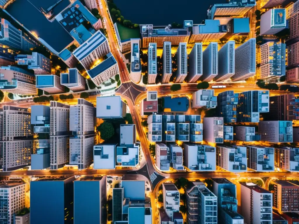 Vista aérea nocturna de la ciudad iluminada por luces de la calle y edificios