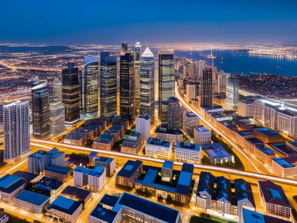 Vista aérea nocturna de la ciudad con edificios iluminados y carreteras entrelazadas