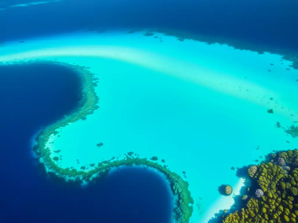 Vista aérea de un océano cristalino con arrecifes de coral y diversa vida marina