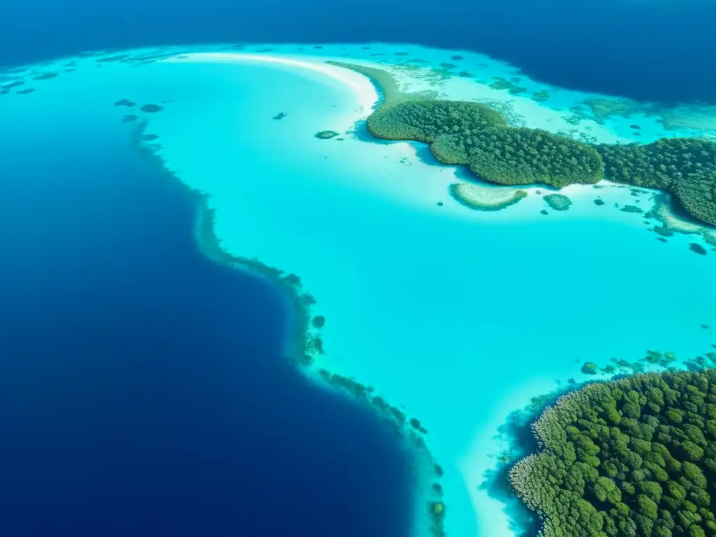 Vista aérea del océano cristalino con arrecifes de coral vibrantes, resaltando la importancia de la prevención de la contaminación marina y el vertimiento de residuos