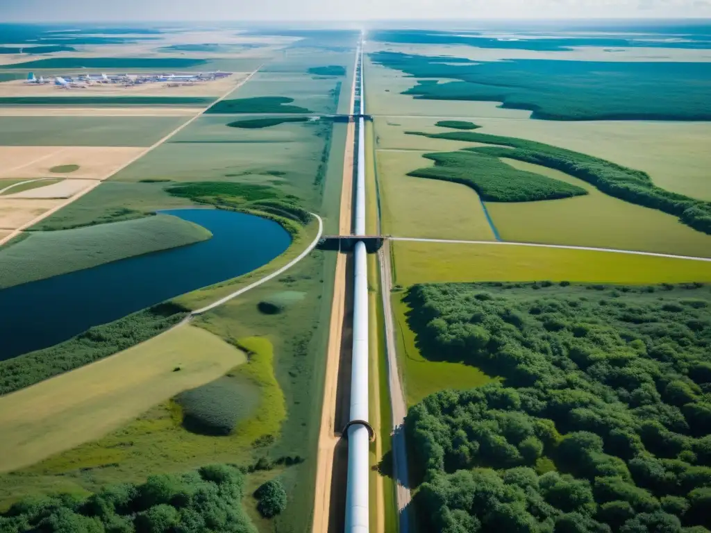 Vista aérea del oleoducto Dakota Access en contraste con el entorno natural, evocando las consecuencias del oleoducto en el medio ambiente