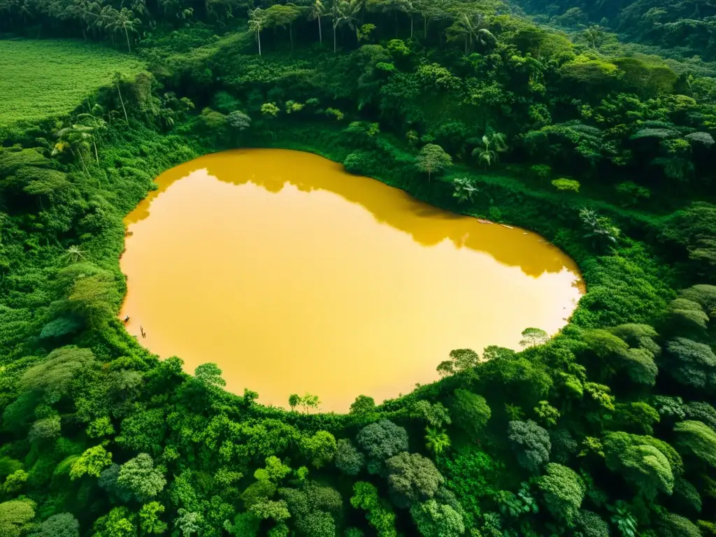 Vista aérea de minería de oro en selva tropical, trabajadores usando mercurio