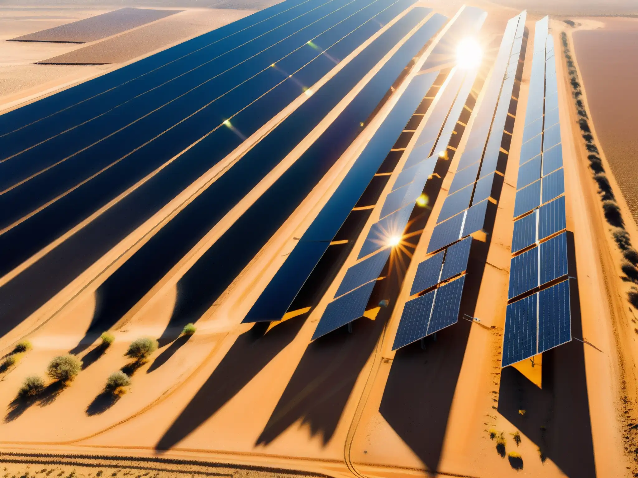 Vista aérea de un paisaje árido con paneles solares en filas ordenadas, contrastando la energía limpia con el terreno seco