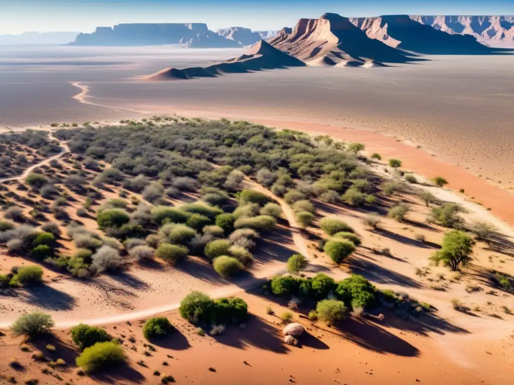 Vista aérea de paisaje árido y comunidad indígena luchando por adaptarse