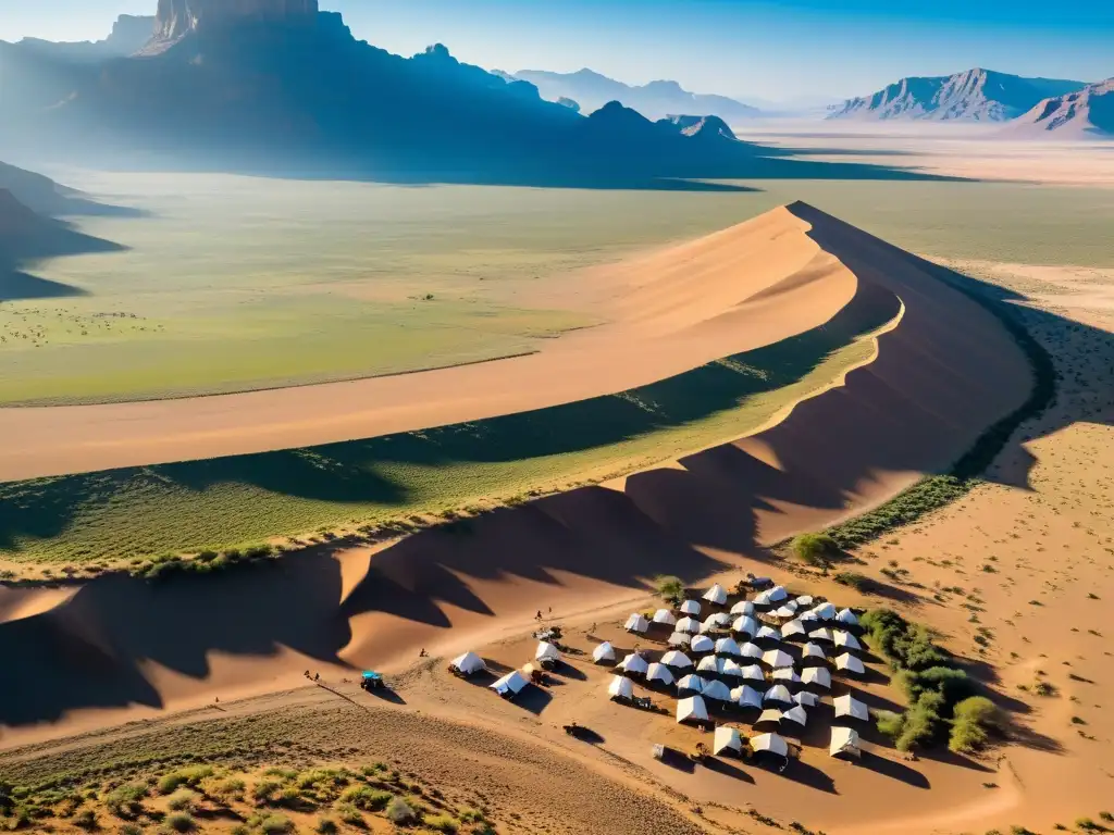 Vista aérea de paisaje árido con tiendas tradicionales y pastoreo, reflejando la preservación de derechos en tierras tradicionales