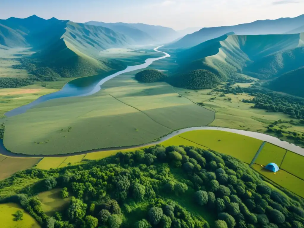 Vista aérea de paisaje natural vasto, con colinas, bosques y ríos