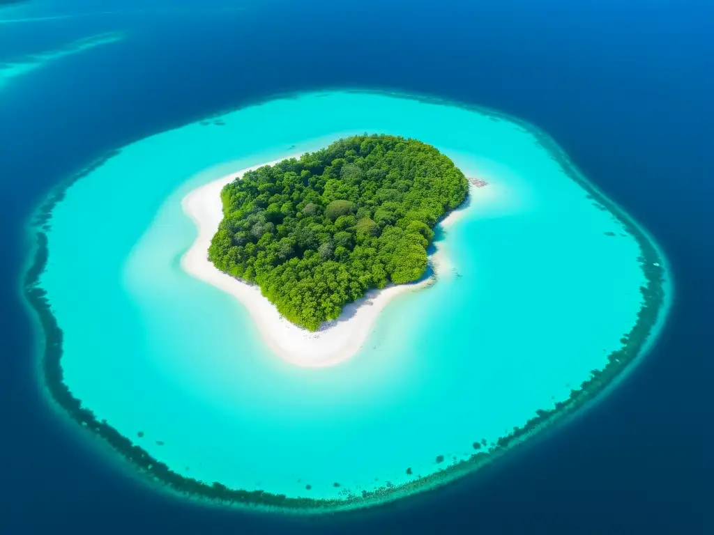 Vista aérea de un pequeño estado insular rodeado de aguas turquesas cristalinas, resaltando su delicado equilibrio entre tierra y mar