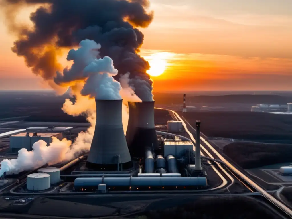 Vista aérea de una planta de energía de carbón con humo denso y sol poniente