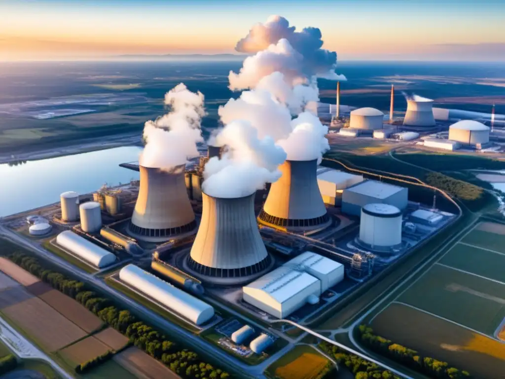 Vista aérea de una planta nuclear al atardecer, con torres de refrigeración emitiendo vapor