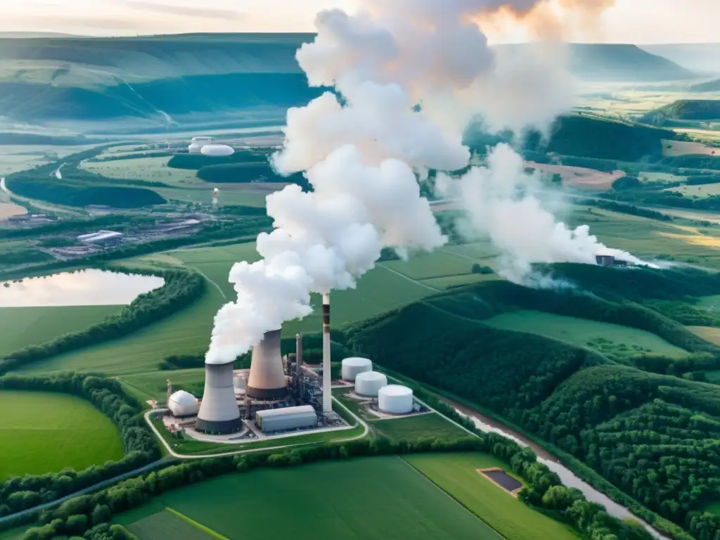 Vista aérea de planta de carbón rodeada de naturaleza serena y emitiendo humo, resaltando la contaminación por carbón y salud pública