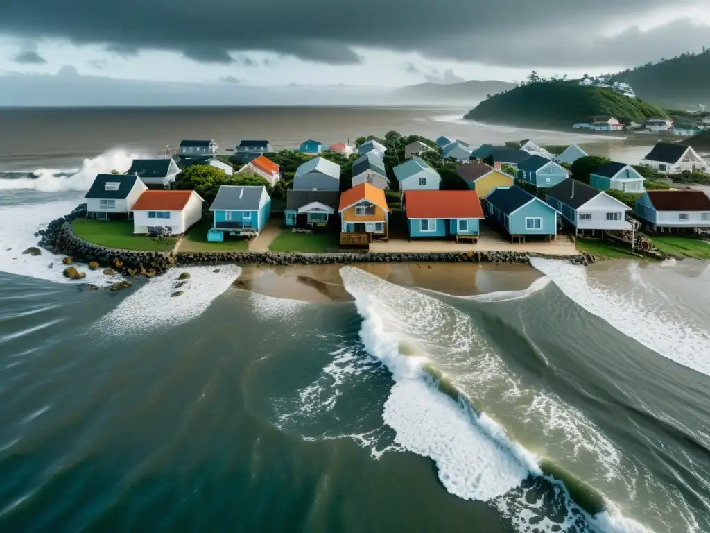 Vista aérea de un pueblo costero siendo inundado por el aumento del nivel del mar, con personas evacuando sus hogares