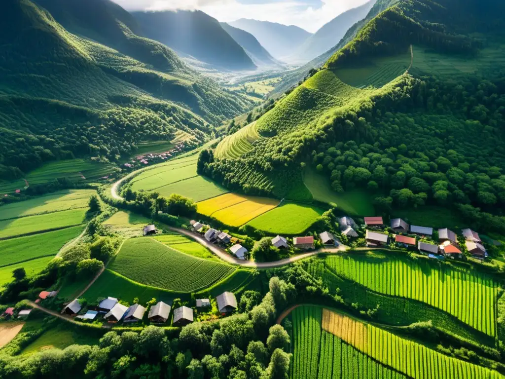 Vista aérea de un remoto pueblo en un valle verde, rodeado de naturaleza