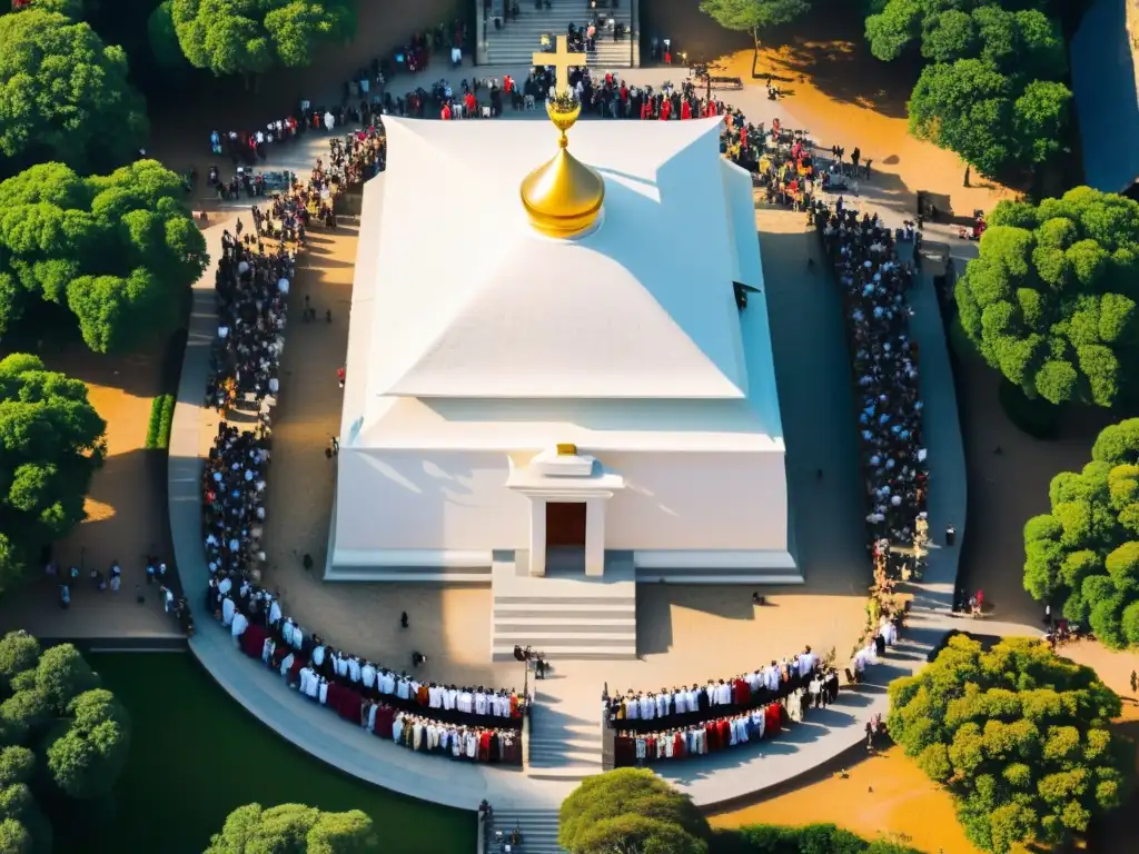 Vista aérea de un templo sagrado rodeado de turistas, ilustrando el impacto del turismo en espacios sagrados