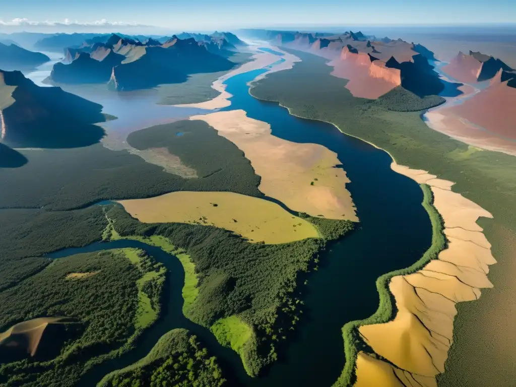 Vista aérea de territorio ancestral Lhaka Honhat en Argentina, con ríos, bosques y comunidades indígenas en sus actividades tradicionales, destacando su reconocimiento territorial en Argentina